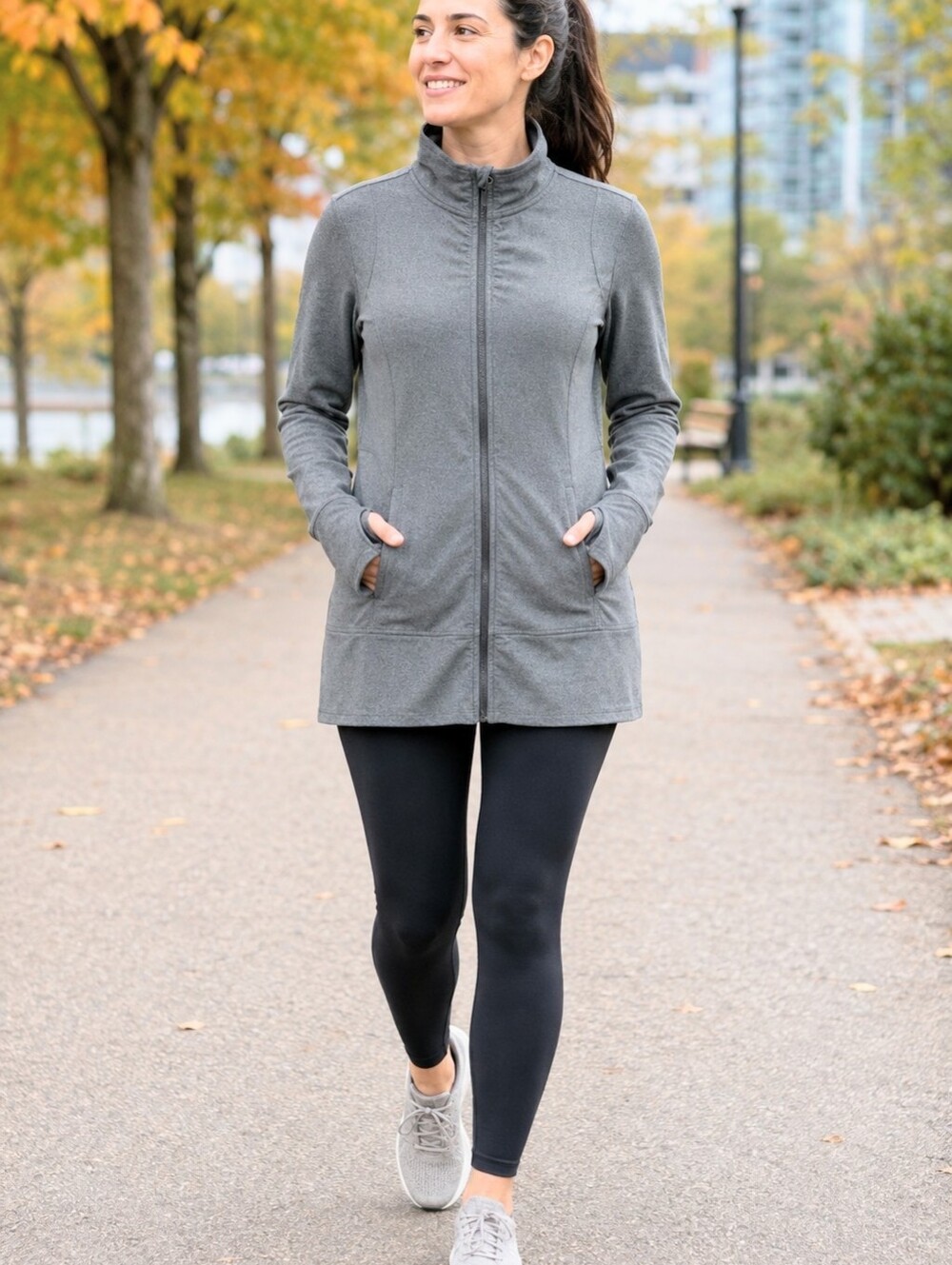 Joe Fresh Longline Active Full Zip Jacket Women’s L Charcoal Grey Thumbholes
